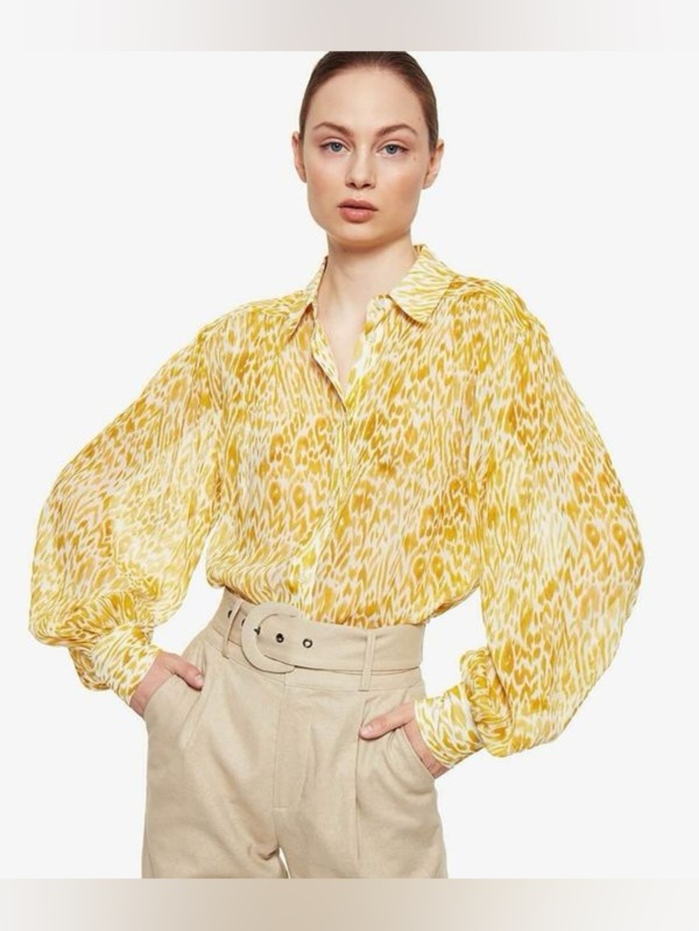 Anine Bing Caleb Silk Blouse in Marigold Leo - Size Small